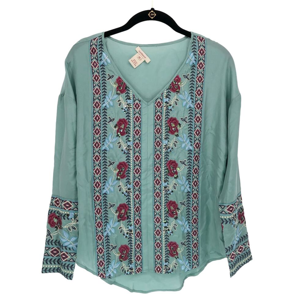 Sundance Silk Top Blouse Size XS Embroidered Floral V Neck 100% Silk Tunic Boho